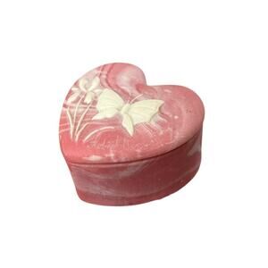 Vintage Trinket Box Robert Nemith Carved Soap Stone Pink Heart Butterfly Flower
